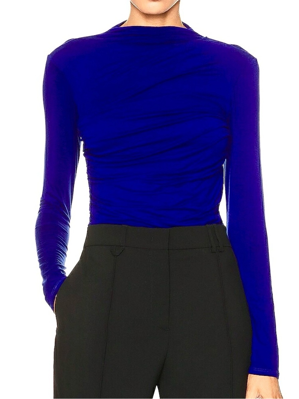 Enza Costa Blue Jersey Stretch Draped Cowl Neck Long Sleeve Slim Top M